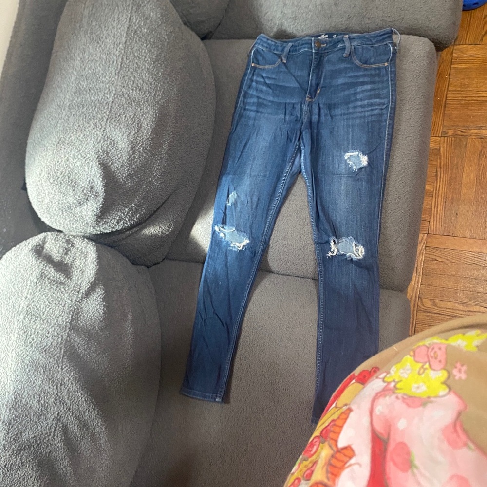 Hollister Women's Distressed Skinny Jeans - Dark Blue
